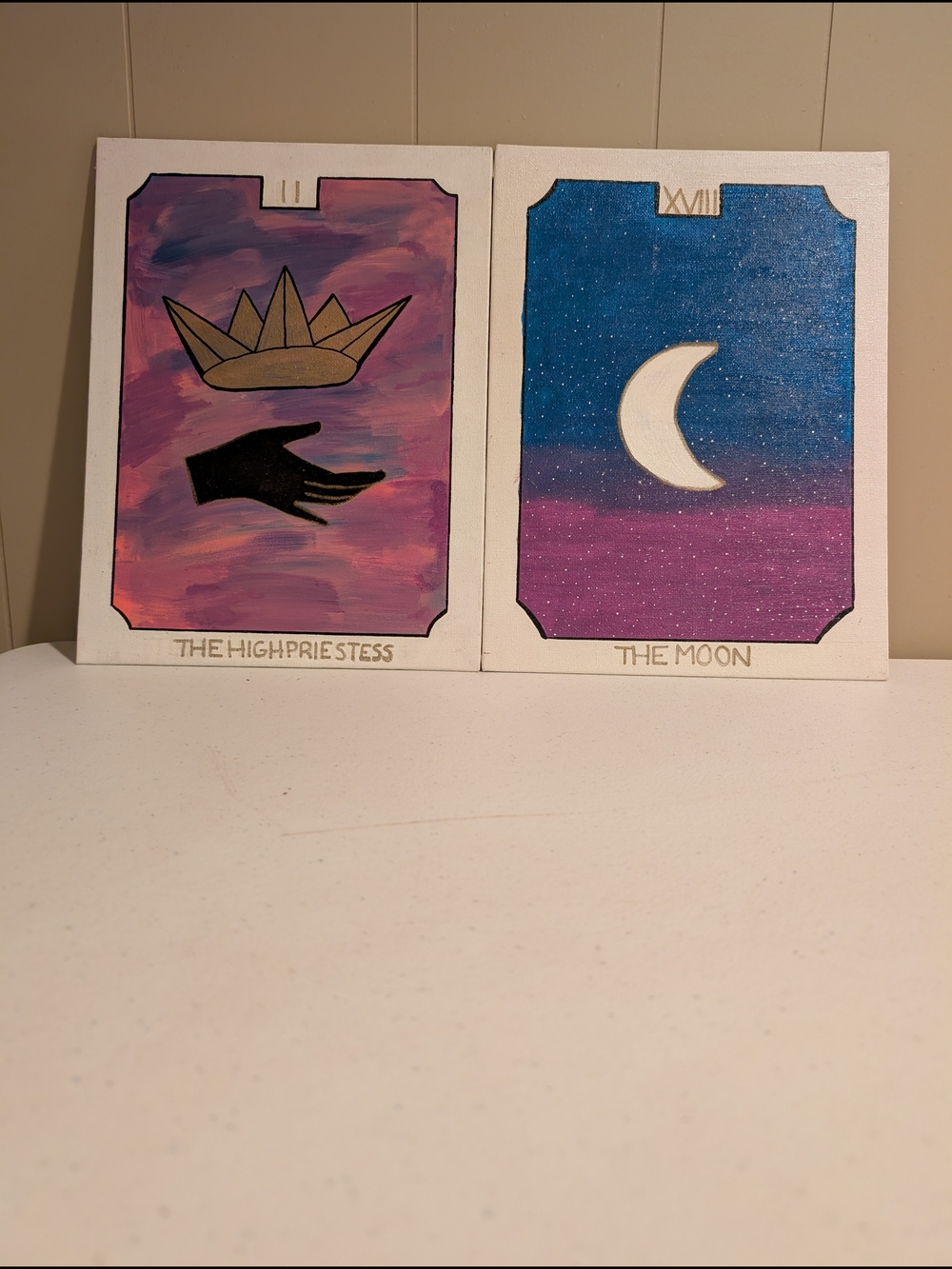 Tarot Card Wall Art Pair — The High Priestess & The Moon in Purple, Blue, Gold